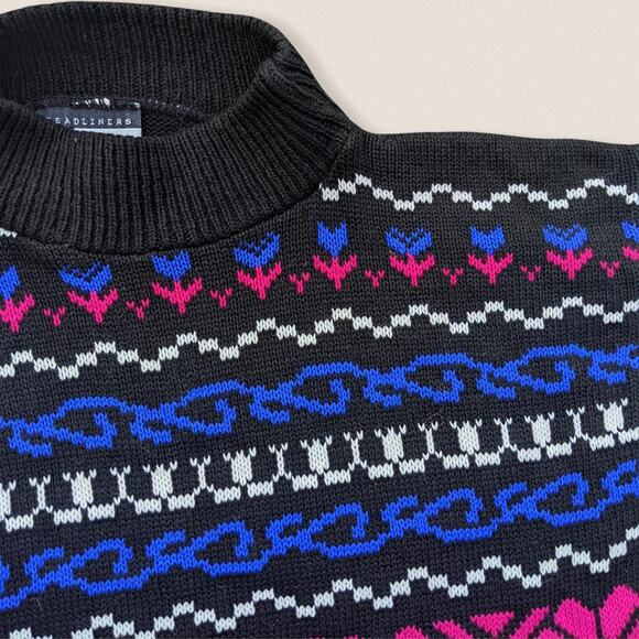 Vintage 80s floral fair isle funky ski grandma Sweater mockneck Medium Women - Picture 2 of 4